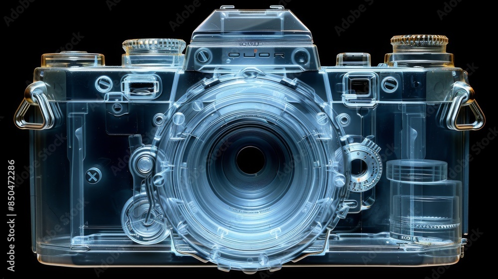 X-ray scan of a vintage camera, revealing the lenses, film compartment ...