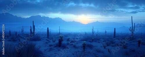 Desert dunes at twilight, cool blue hues, silhouetted cacti, high resolution, tranquil and mystical, soft light, vast landscape photo