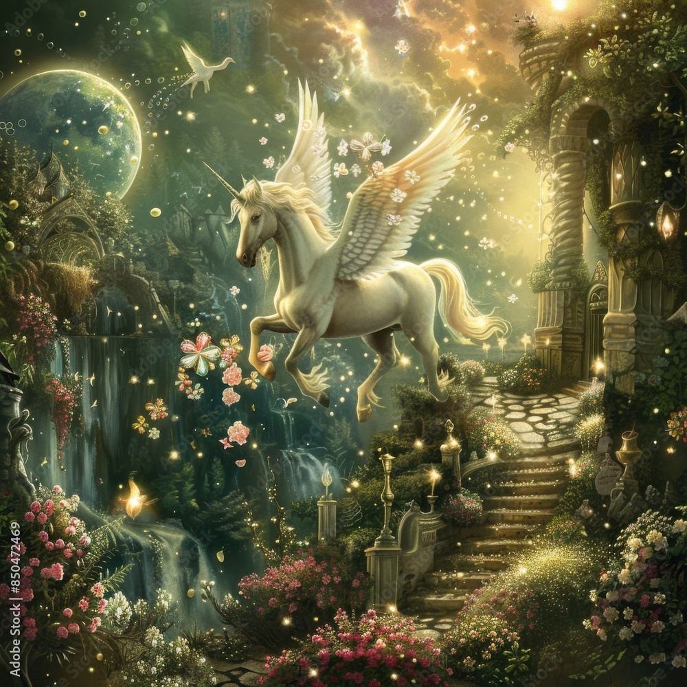 Enchanted fairy tale scene with Pegasus, gliding over a beautiful garden filled with magical flowers and glowing orbs. Enchanted fairy tale scene with Pegasus, gliding over a beautiful garden filled with magical flowers and glowing orbs.