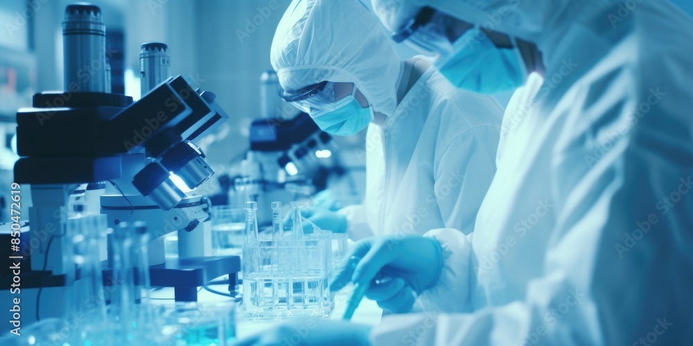 Researchers in lab coats conducting experiments in a laboratory setting, suitable for science and technology-related uses Researchers in lab coats conducting experiments in a laboratory setting, suitable for science and technology-related uses