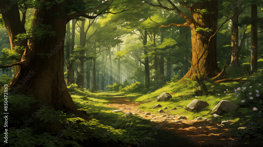 Fototapeta premium Sunlit Forest Path with Large Trees