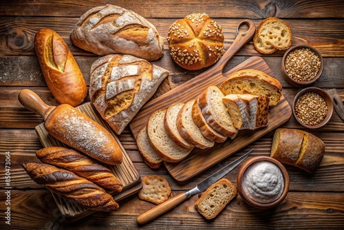 Variety of whole and sliced breads on a wooden cutting board , bakery, carbs, breakfast, fresh, healthy