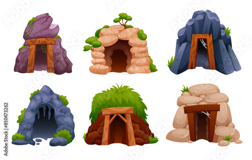Mine gold. Cave entrance. Goldmine mountain tunnel with wooden beams. Game icons. Granite cliffs. Natural stone cavern. Treasure mining. Collieries hole. Vector tidy landscape geology elements set