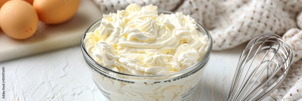 Shiny whisk with whipped cream peak in glass bowl soft light and simple background Shiny whisk with whipped cream peak in glass bowl soft light and simple background