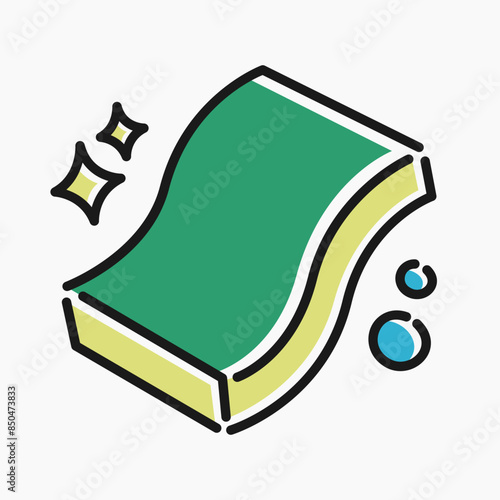 Simple flat line art illustration of a sponge. Cartoon Sponge Illustration with Cleaning Elements. Colorful and playful illustration of a sponge, depicted in a cartoon style. photo