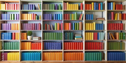 Colorful bookshelf display with neatly arranged books , rainbow, library, education, knowledge
