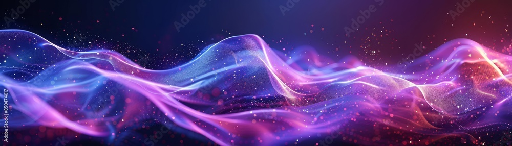 Fototapeta premium Neonlit abstract waves flowing with fluid motion in a cosmic environment, intricate details in purples and blues