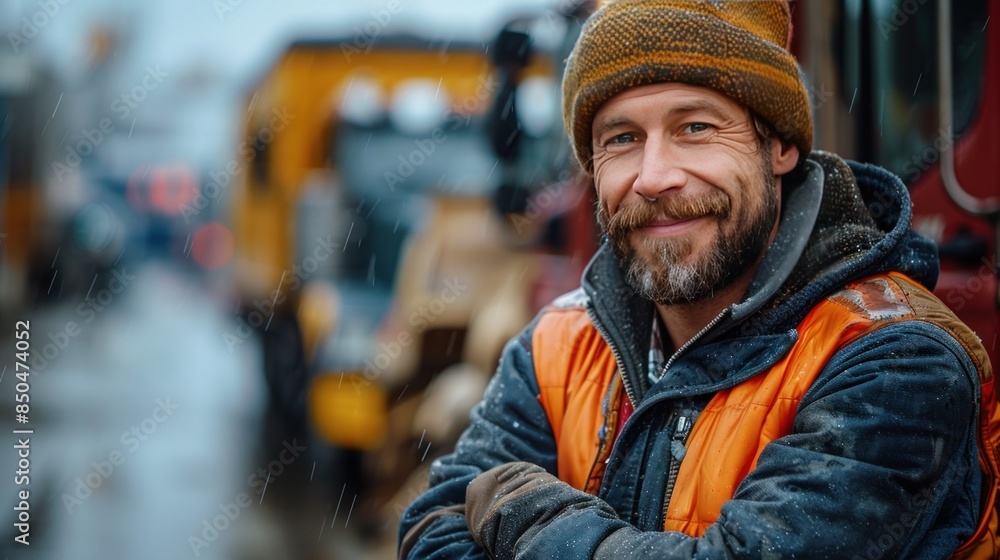 Fototapeta premium Man in Orange Vest and a Knit Hat Stands in the Snow