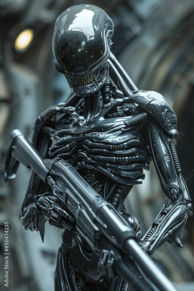 full body front facing Image of metallic Cybernetic creepy alien ...