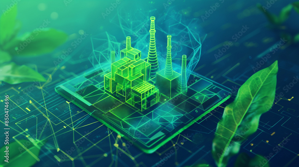 Green industry concept with factory and leaves in futuristic glowing low polygonal style on blue