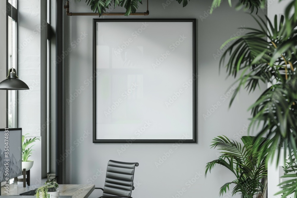 Mockup of black frame in office interior Mockup of black frame in office interior
