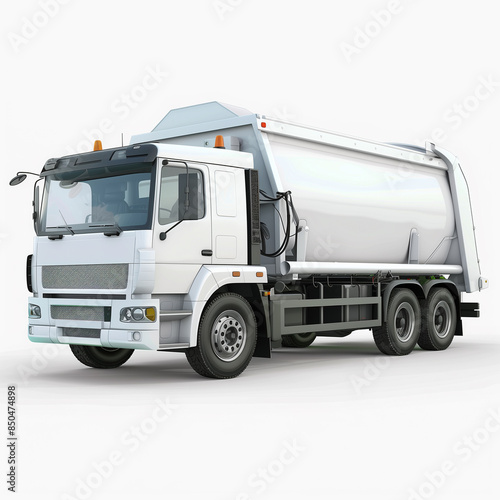 White Dump Truck on White Background, Front-Three-Quarter View, Detailed Illustration, Construction and Industrial Vehicle, Heavy Equipment Art, 4K Wallpaper, Poster