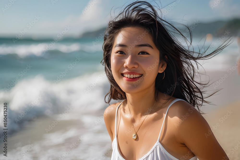 A woman with long hair is smiling and standing on the beach A woman with long hair is smiling and standing on the beach