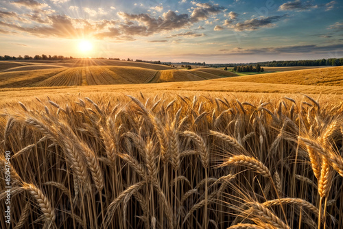 Rich wheat field at sunset sky background, harvest. Rural field landscape, scenery with rye field on skyline, amazing landscape serene scene ryefield. Rich harvesting concept. Copy ad text space photo