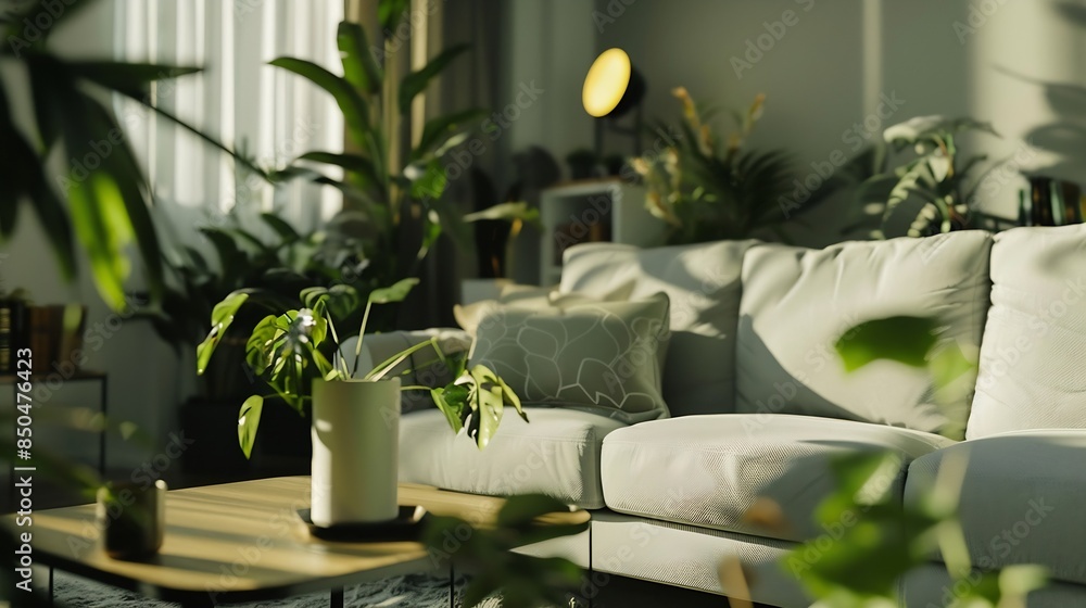 Fototapeta premium Modern scandinavian interior of living room with design grey sofa armchair a lot of plants coffee table carpet and personal accessories in cozy home decor Template : Generative AI