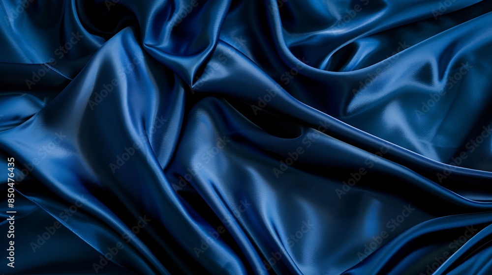 Fototapeta premium Beautiful dark blue silk satin background Soft folds on shiny fabric Luxury background with space for design Web banner Flat lay Table top view Christmas Valentines Day : Generative AI