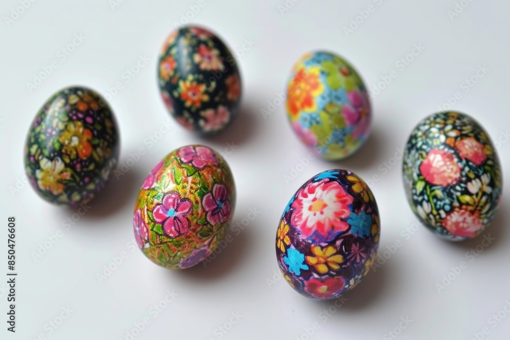 Six hand-painted Easter eggs arranged on a white surface Six hand-painted Easter eggs arranged on a white surface