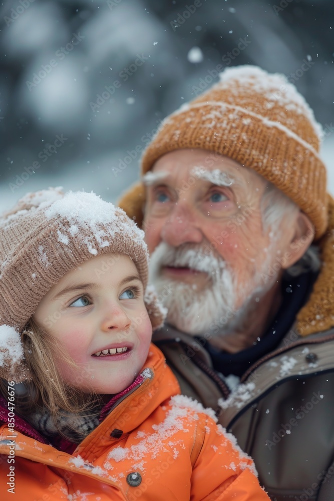 A scene of friendship between an older man and a young girl playing together in the snow A scene of friendship between an older man and a young girl playing together in the snow