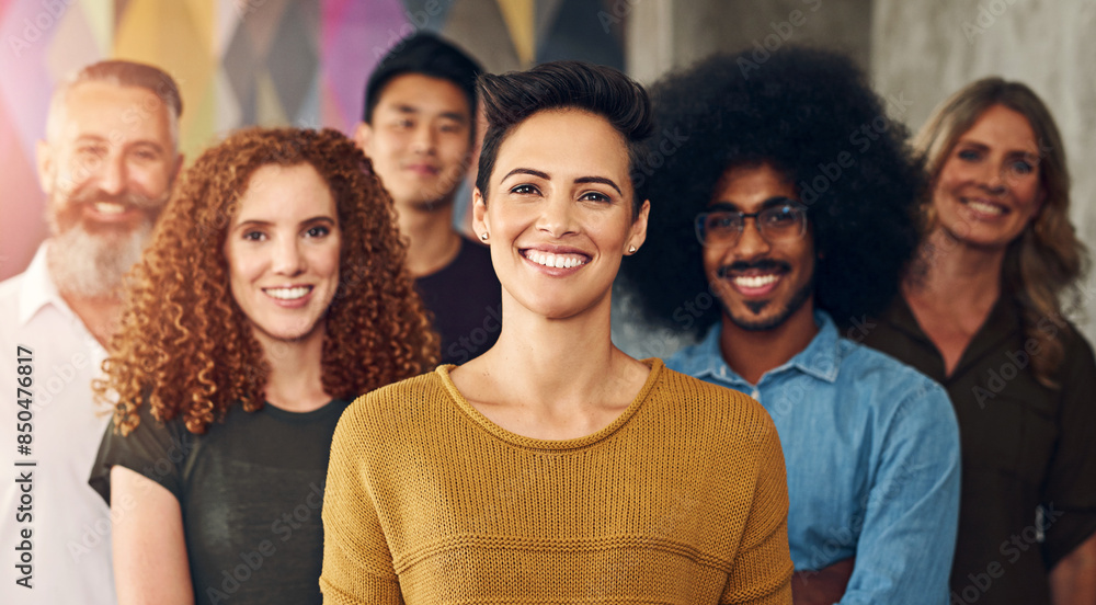 Obraz premium Creative agency, portrait and team with leadership, confidence and diversity in office for cooperation. Employees, collaboration and group of people with management as small business for design work