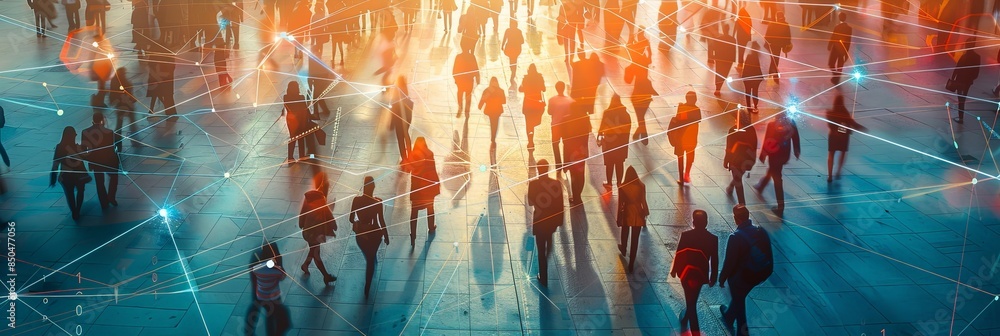 Superimposed Network The photo captures a bustling crowd with a superimposed digital network ...