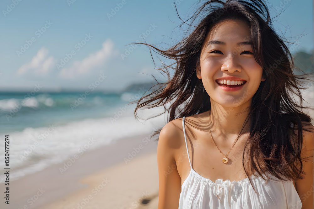 A woman with long hair is smiling and standing on a beach A woman with long hair is smiling and standing on a beach