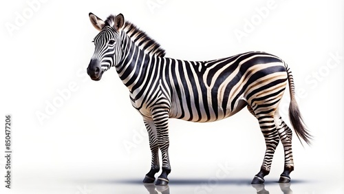 Zebra standing isolated on white background cutout , Wildlife, Africa, Safari, Black and white stripes
