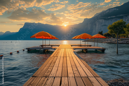 On a jetty at the Lake Garda glowing luminous orange-colored sunshades in front of a dreamful scenic



