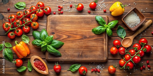 A cutting board with fresh tomatoes, basil, pepper, and salt , cooking, food preparation, healthy eating