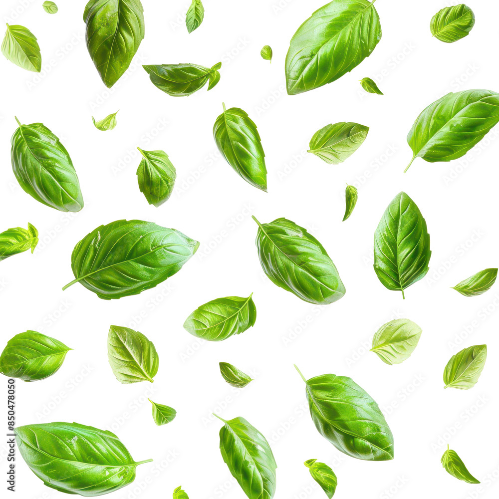 Fresh green basil leaves scattered on a white background and transparent background, perfect for culinary and nature-themed designs. Fresh green basil leaves scattered on a white background and transparent background, perfect for culinary and nature-themed designs.