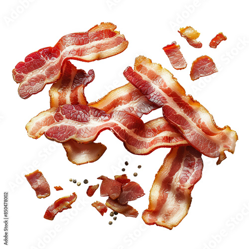 Delicious crispy bacon strips and bits isolated on white background and transparent background, perfect for breakfast and culinary themes.