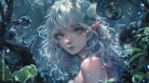 Anime girl with silver hair and elf ears surrounded
