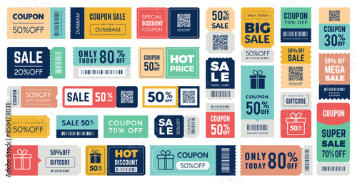 Coupon ticket. Code promotion event, sale off 50. Voucher discount, gift promo card. Bar code, icon certificate. Labels and badges with separated line. Vector banner price money, flat style design