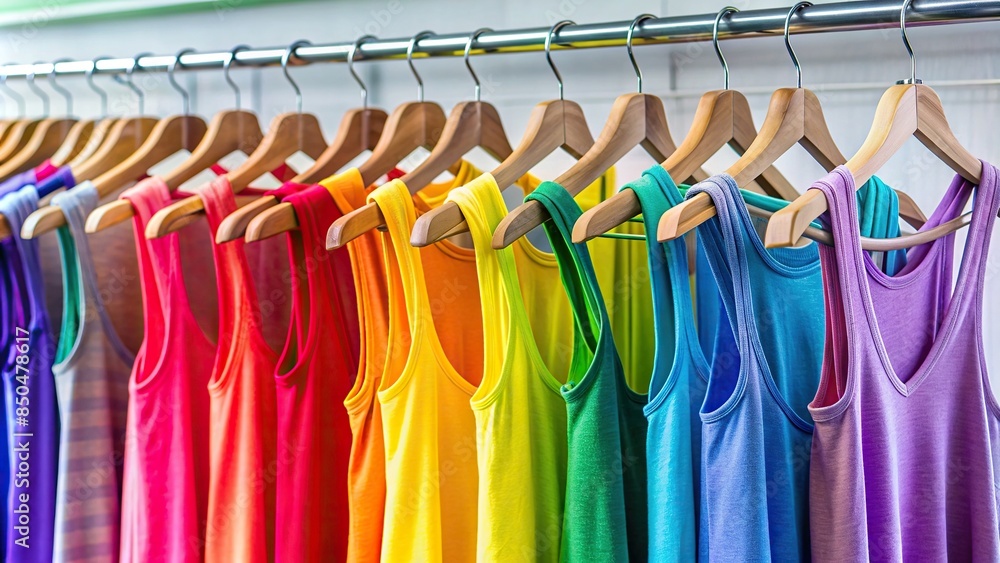 Colorful tank tops hanging on a rack, creating a fun and energetic atmosphere , fashion, clothing, vibrant, colorful, cheerful