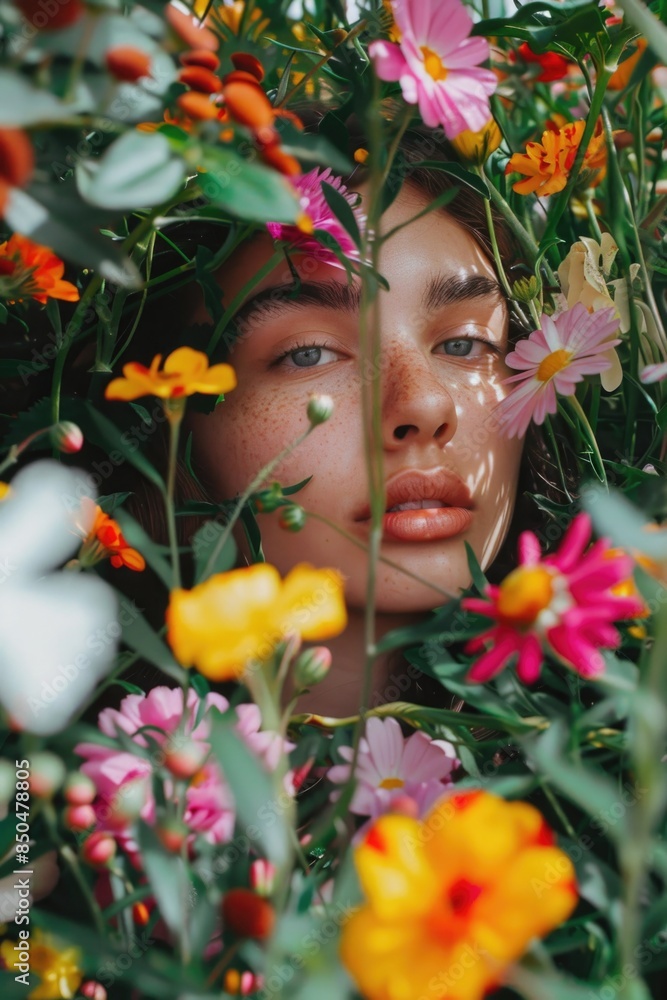 A woman with freckles surrounded by colorful flowers, suitable for lifestyle, wellness, and beauty themes A woman with freckles surrounded by colorful flowers, suitable for lifestyle, wellness, and beauty themes