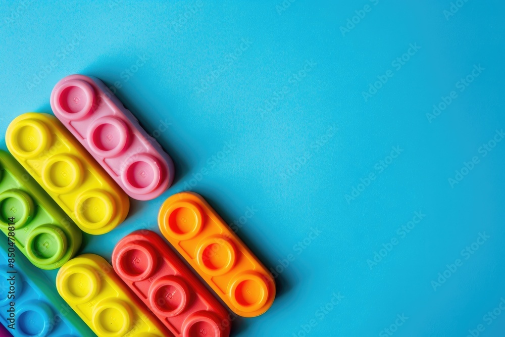 Fototapeta premium A collection of colorful bricks arranged on a bright blue surface