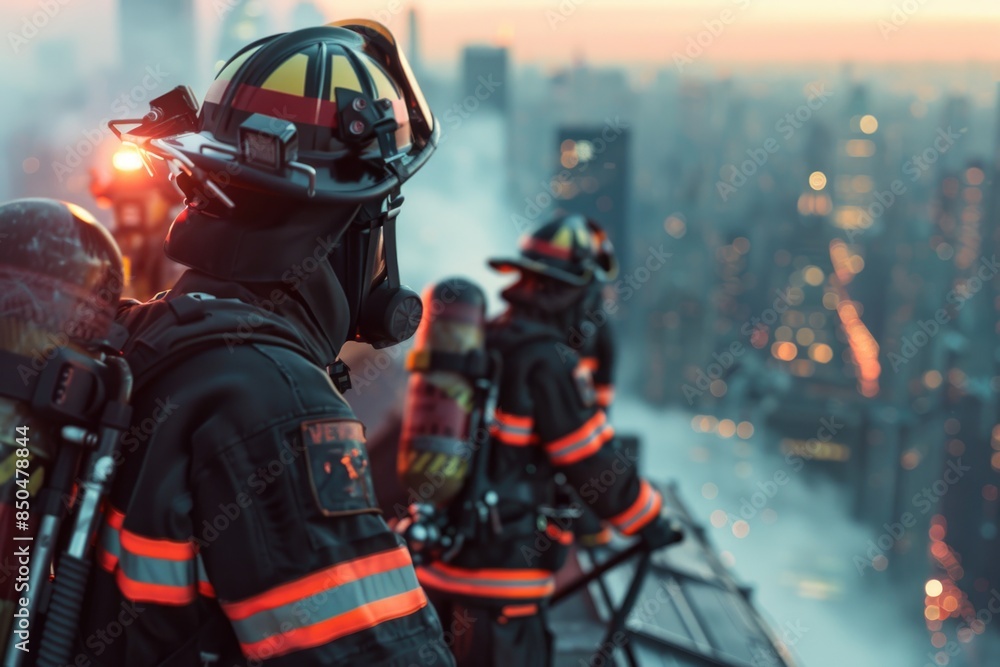 Firefighters on duty, standing on the rooftop, looking out at the city Firefighters on duty, standing on the rooftop, looking out at the city