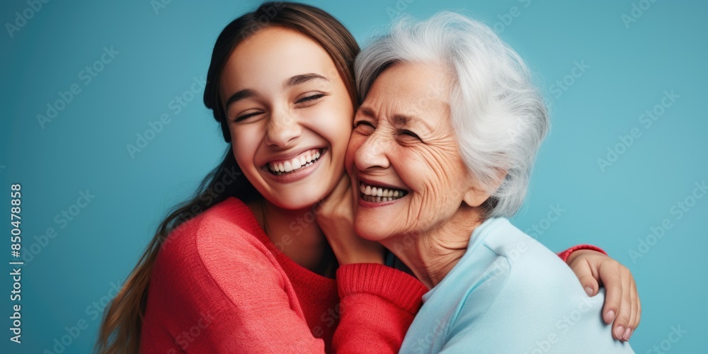 A heartwarming moment of connection between two women, set against a soothing blue background A heartwarming moment of connection between two women, set against a soothing blue background