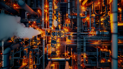 Eine nächtliche Industrieanlage mit verzweigten Rohrleitungen und Lichtsignalen, Querformat