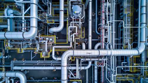 Eine moderne Industrieanlage mit vielen Rohrleitungen aus Metall, Vogelperspektive