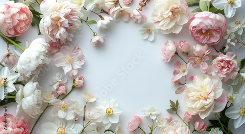 White and Pink Flowers and Green Leaves Bordering a White Background © olegganko