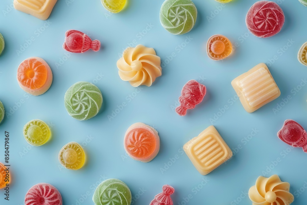 Obraz premium Variety of colorful candies arranged on a blue surface