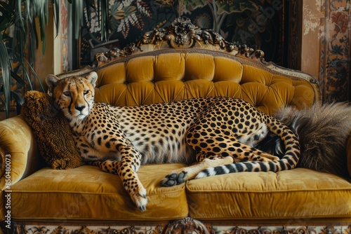 cheetah cat purebred lying on sofa in maximalist interior of  luxury apartment home photo