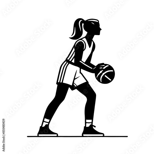 Digital illustration of a women's basketball player performing a cross-dribble