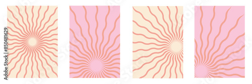 Groovy retro burst sun rays background. Vintage colorful abstract geometric pattern. Vector summer hippie carnival illustration for poster, greeting card, banner. Vector illustration. Eps file 84.