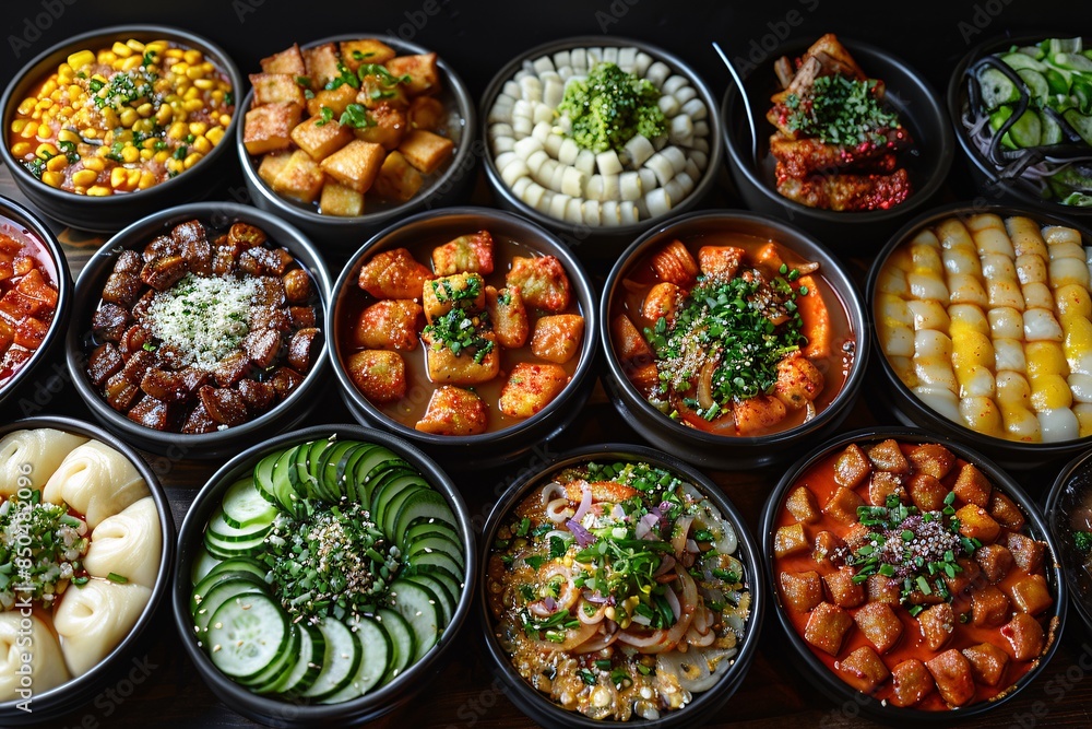 An enticing array of popular Korean street foods, such as tteokbokki, mandu, and hotteok, is showcased against a dramatic black background.