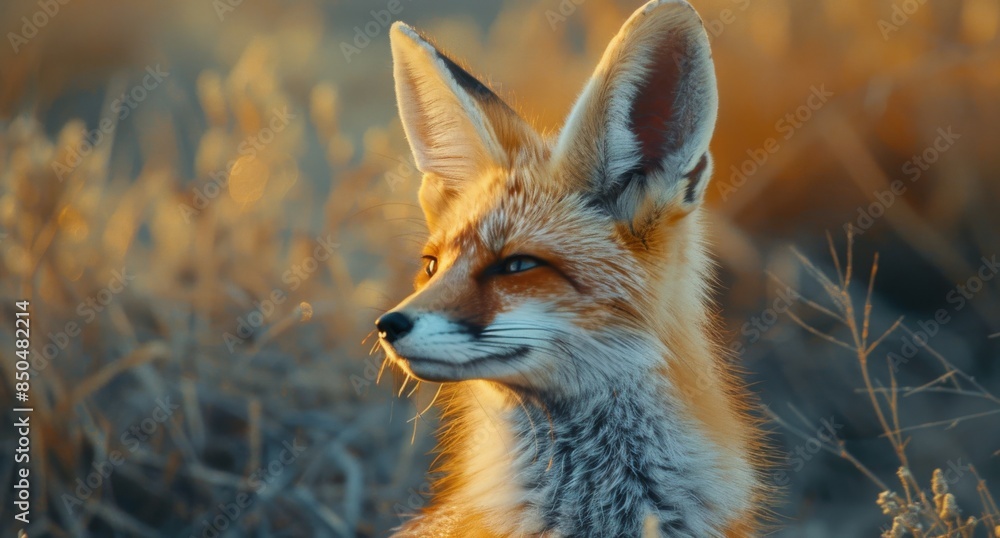 Obraz premium A Red Fox Stands in a Forest With Autumn Foliage