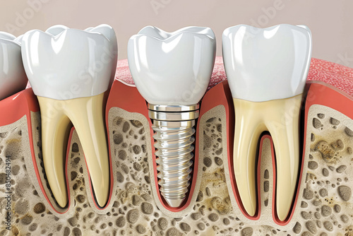 tooth implant screw in jaw bone. dental implantation surgery