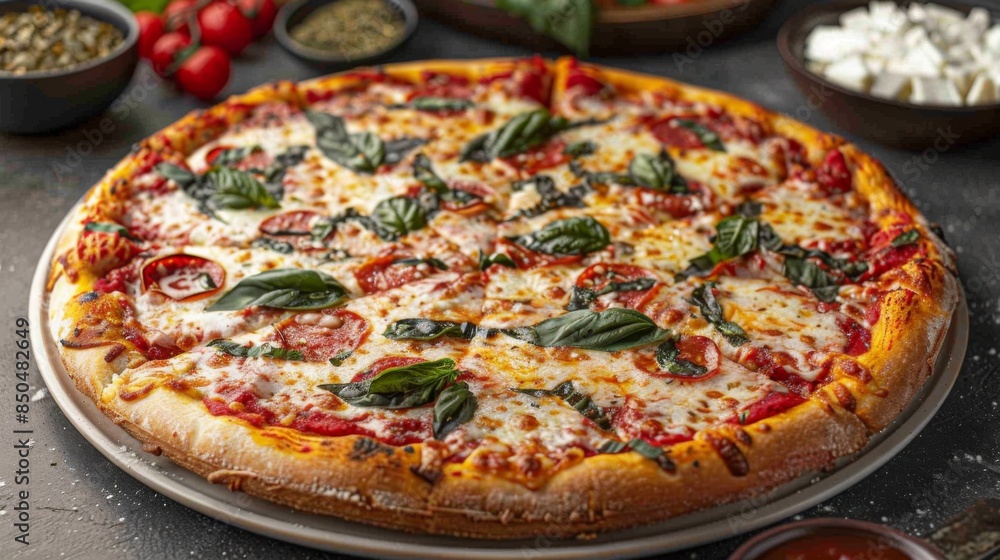 Capture the tantalizing details of a freshly baked Neapolitan pizza, showcasing its golden crust, bubbling cheese, and aromatic basil leaves. Capture the tantalizing details of a freshly baked Neapolitan pizza, showcasing its golden crust, bubbling cheese, and aromatic basil leaves.