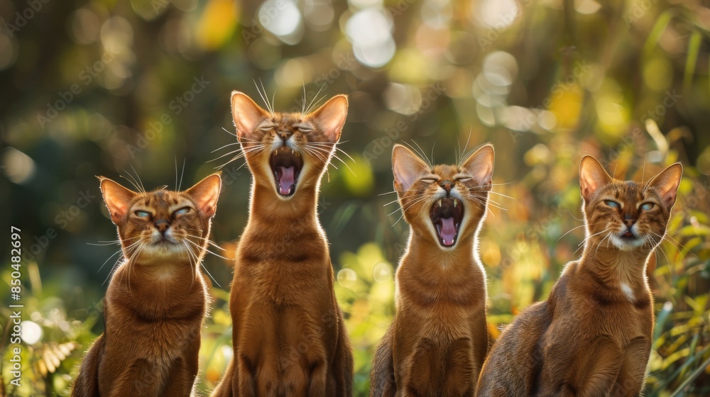 Four Abyssinian cats aligned in a row appear to be singing or yelling together Four Abyssinian cats aligned in a row appear to be singing or yelling together