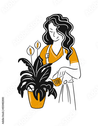 Crazy plant lady at greenhouse or home garden. A cute funny young woman with a watering can takes care of a houseplant spathiphyllum growing in a pot. Modern vector illustration in flat sketch style.